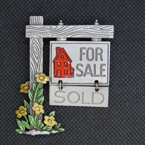 Vintage Pewter Realtor Brooch Signed "JJ" Enamel Painted